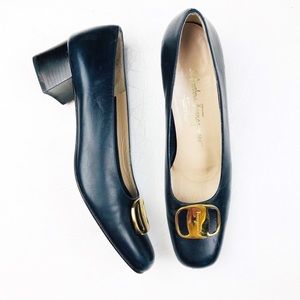 Salvatore Ferragamo Navy Gold Buckle Pumps Italy